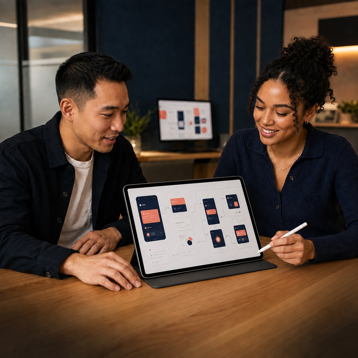 Deux professionnels collaborant sur un prototype d'application affiché sur une tablette